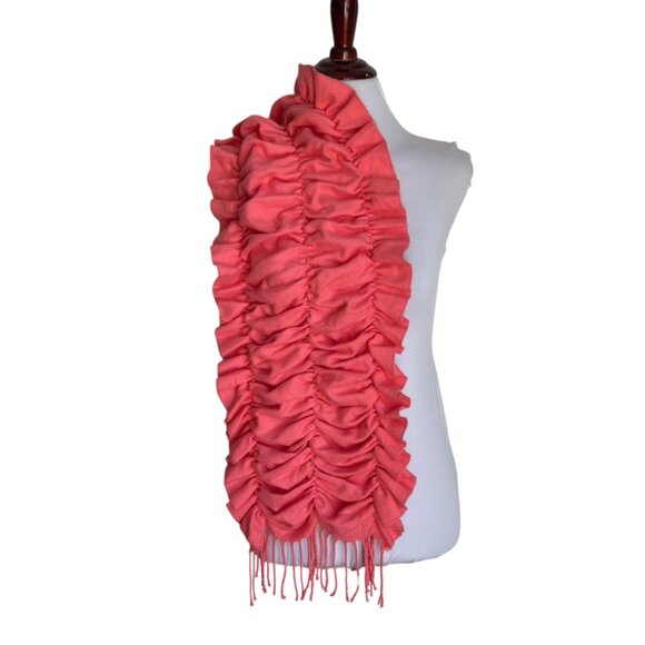So Soft! Smocked Ruffled Coral Acrylic Scarf With Fringe Cashmere Feel - Picture 5 of 6